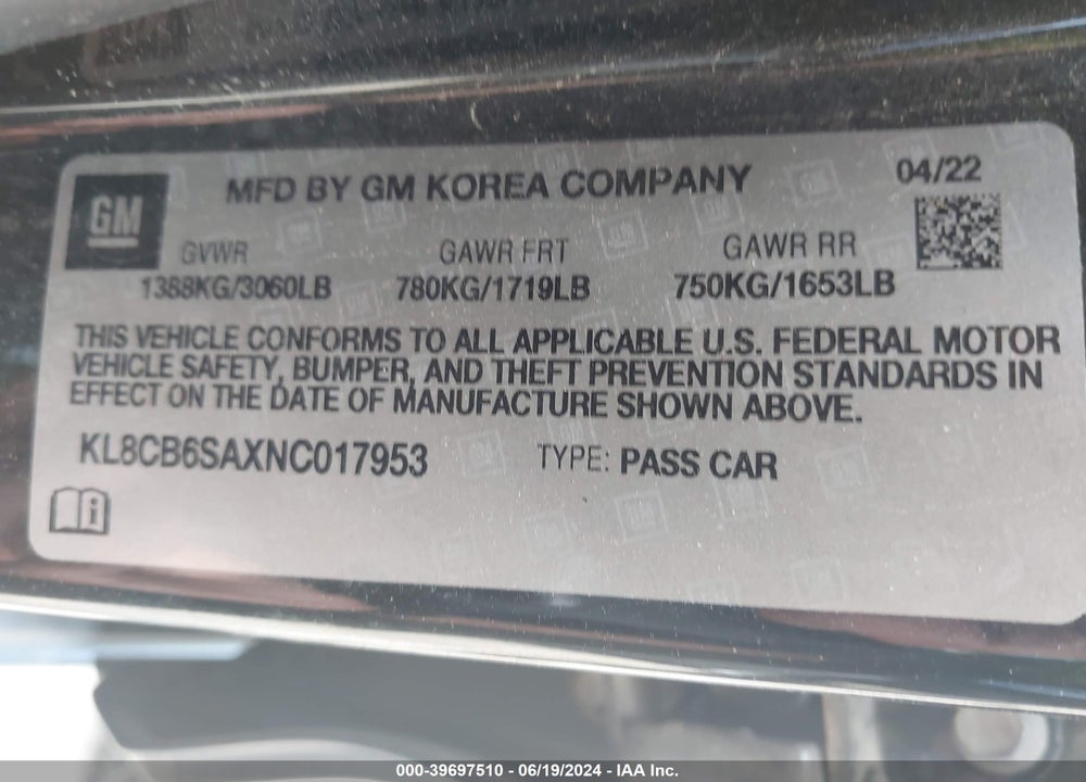 2022 CHEVROLET SPARK VIN: KL8CB6SAXNC017953