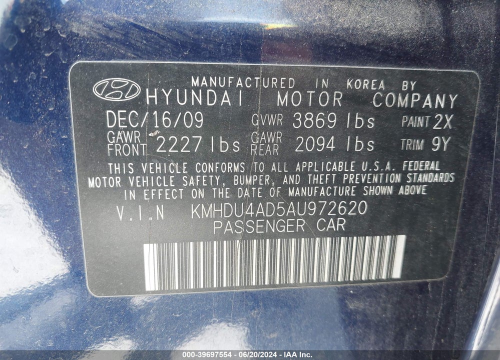 2010 HYUNDAI ELANTRA GLS VIN: KMHDU4AD5AU972620