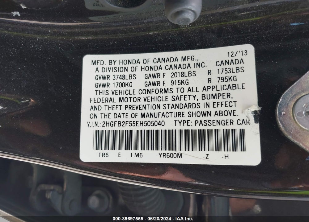 2014 HONDA CIVIC LX VIN: 2HGFB2F55EH505040