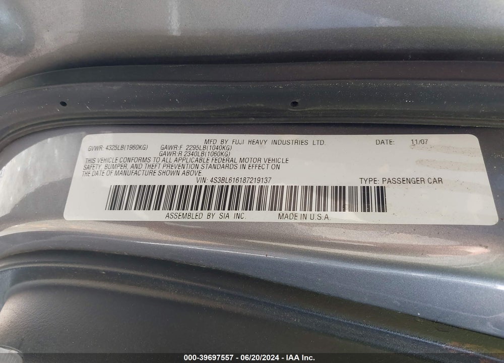 2008 SUBARU LEGACY 2.5I VIN: 4S3BL616187219137