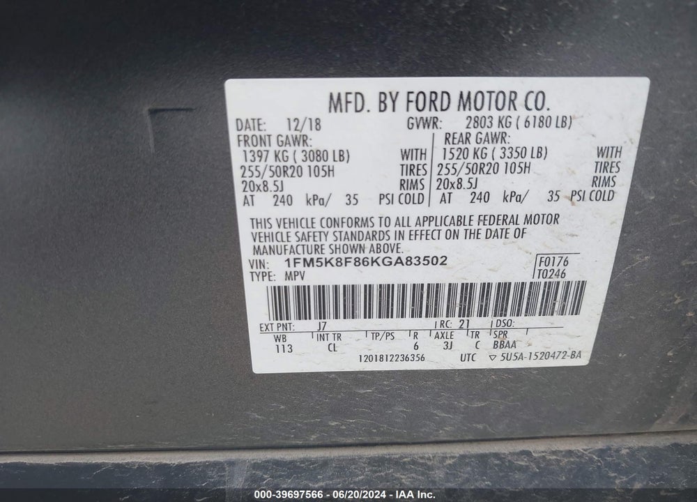 2019 FORD EXPLORER LIMITED VIN: 1FM5K8F86KGA83502
