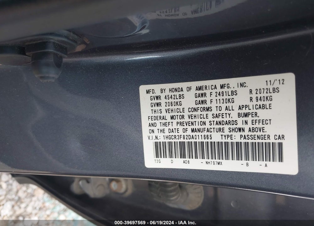 2013 HONDA ACCORD EX-L V-6 VIN: 1HGCR3F82DA011665
