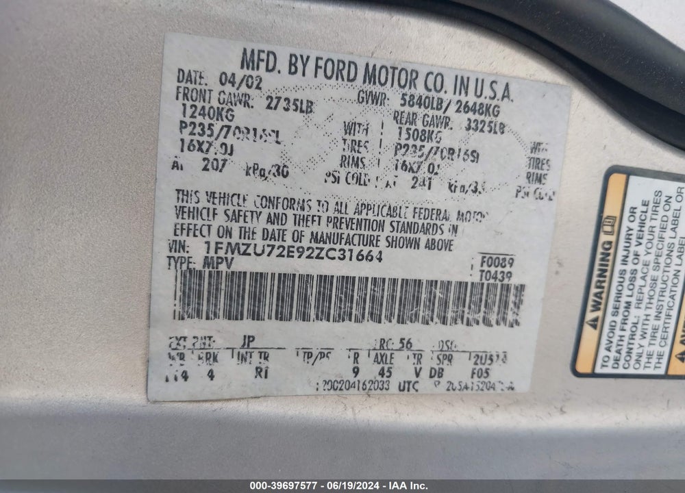 2002 FORD EXPLORER XLS VIN: 1FMZU72E92ZC31664