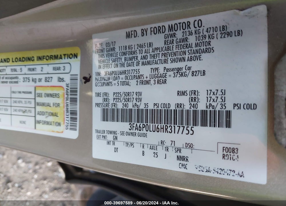 2017 FORD FUSION HYBRID SE VIN: 3FA6P0LU6HR317755