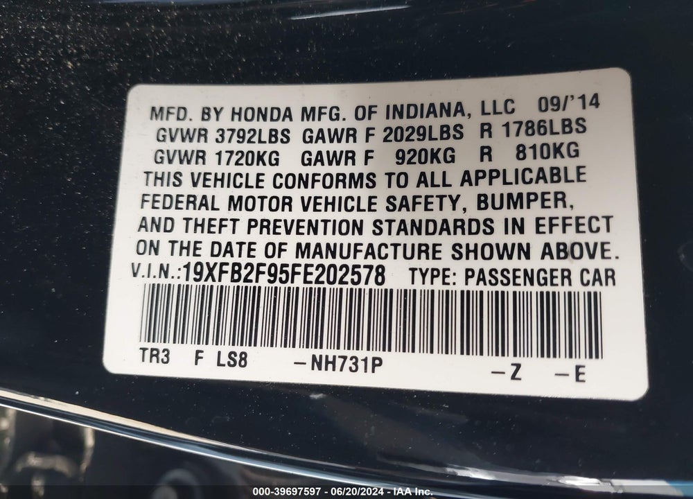 2015 HONDA CIVIC EX-L VIN: 19XFB2F95FE202578
