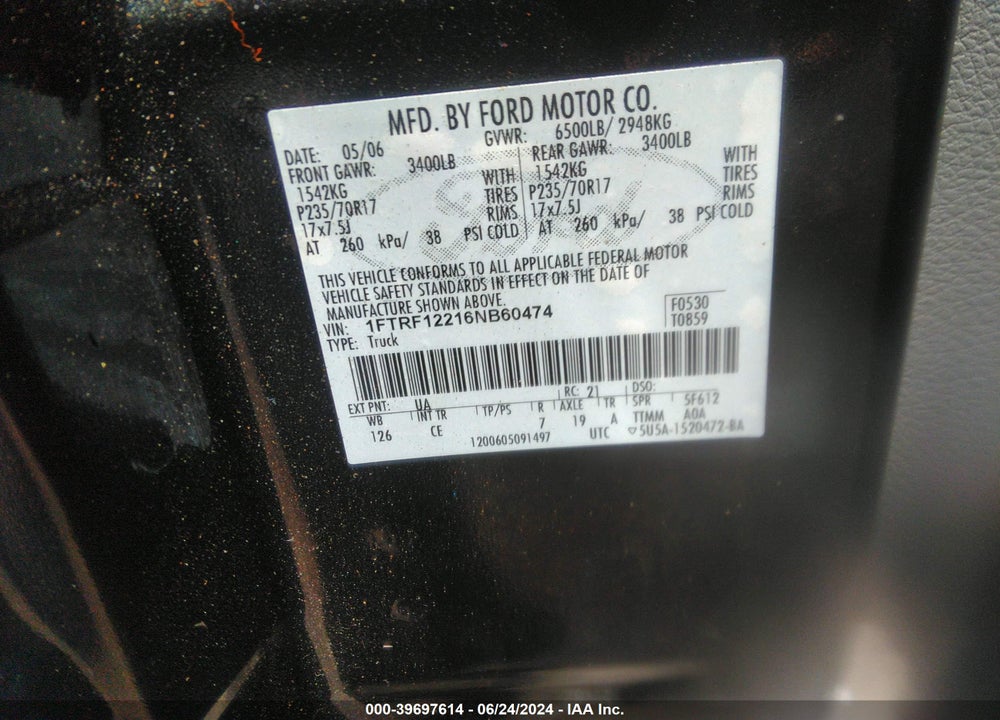 2006 FORD F-150 STX/XL/XLT VIN: 1FTRF12216NB60474