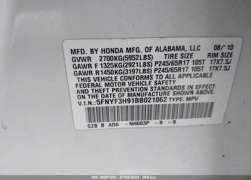 2011 HONDA PILOT TOURING VIN: 5FNYF3H91BB021062