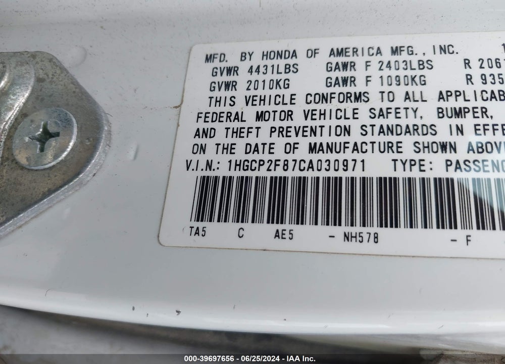 2012 HONDA ACCORD 2.4 EX-L VIN: 1HGCP2F87CA030971