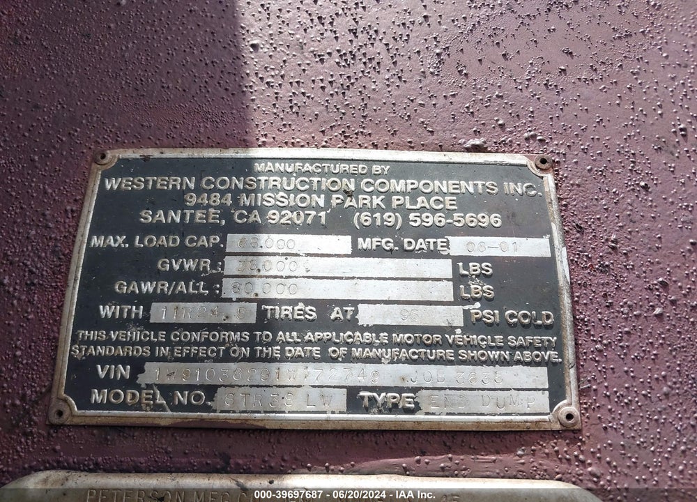 2001 WESTERN TRAILERS CONSTRUCTION COMPONENTS DUMP TRAILER VIN: 1W91038291W172749
