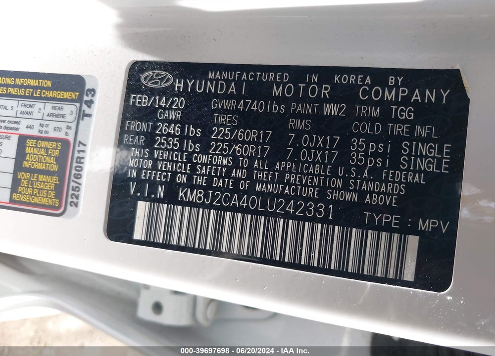 2020 HYUNDAI TUCSON SE VIN: KM8J2CA40LU242331