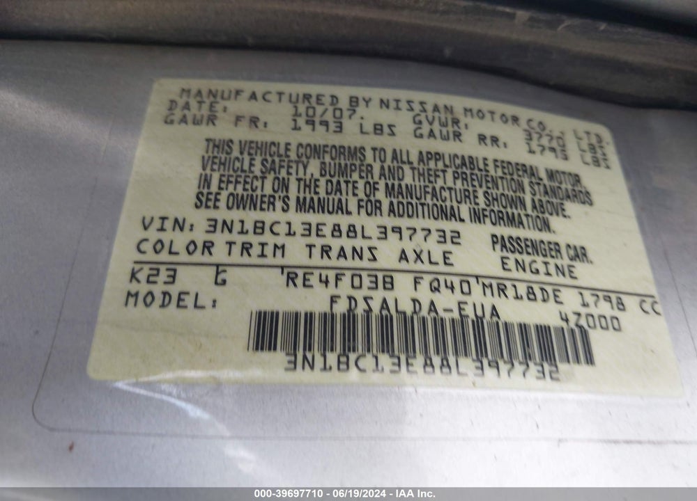 2008 NISSAN VERSA 1.8S VIN: 3N1BC13E88L397732