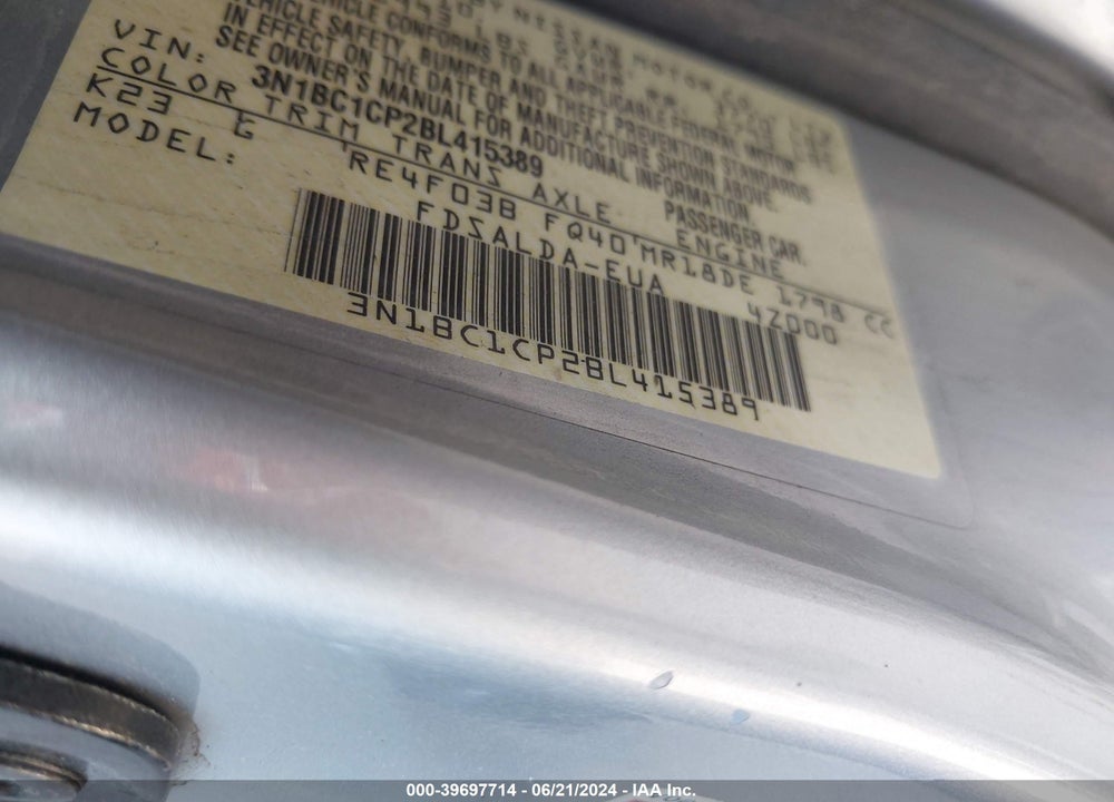 2011 NISSAN VERSA 1.8S VIN: 3N1BC1CP2BL415389