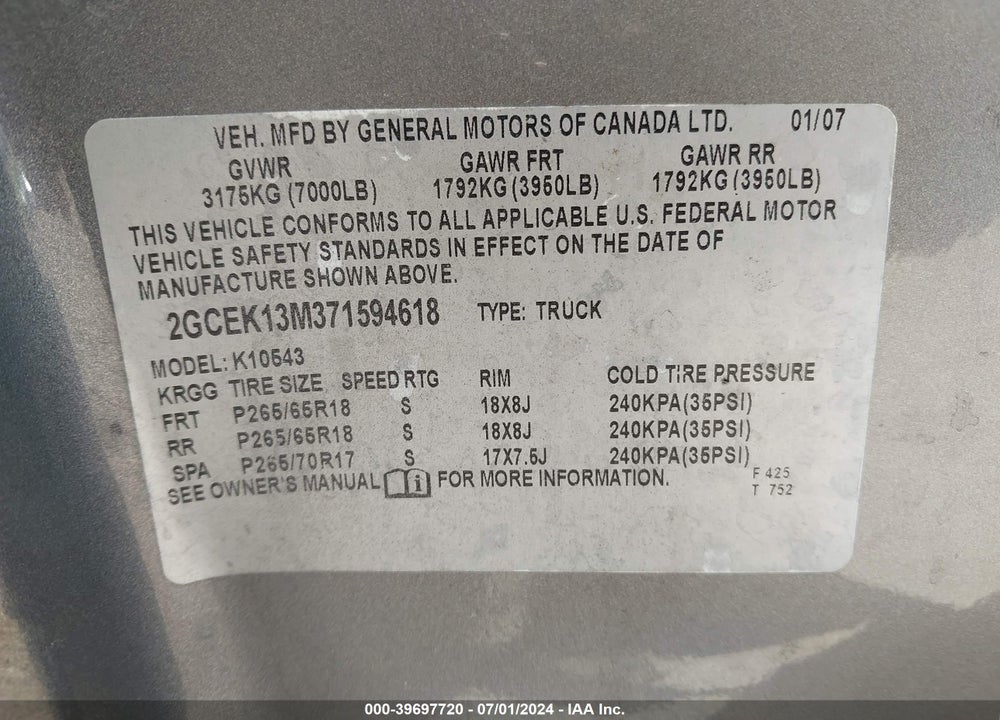 2007 CHEVROLET SILVERADO 1500 LTZ VIN: 2GCEK13M371594618