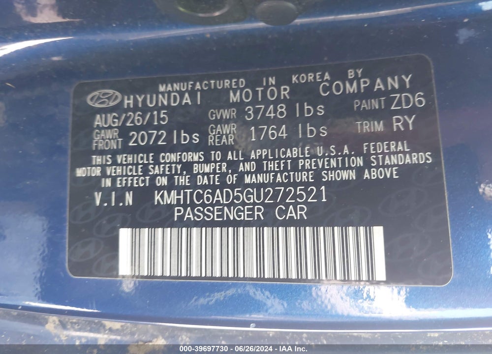 2016 HYUNDAI VELOSTER VIN: KMHTC6AD5GU272521