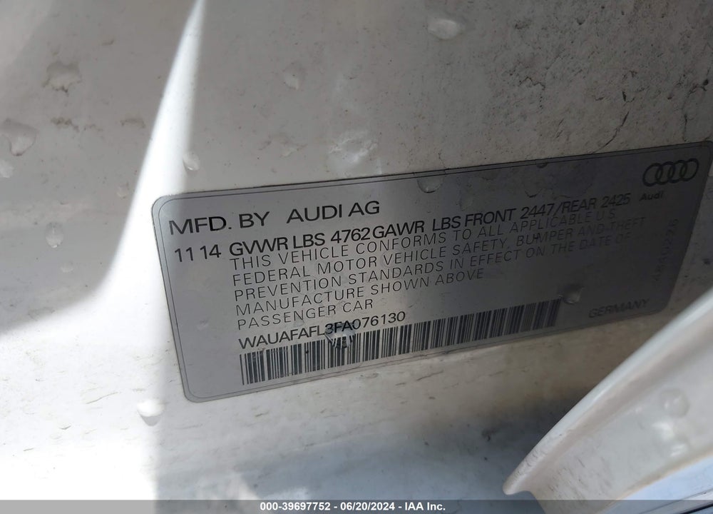 2015 AUDI A4 2.0T PREMIUM VIN: WAUAFAFL3FA076130