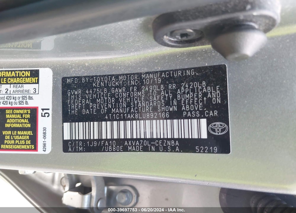 2020 TOYOTA CAMRY LE VIN: 4T1C11AK8LU892166