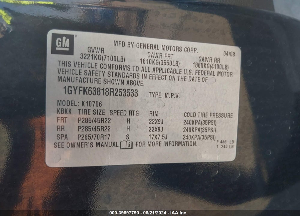 2008 CADILLAC ESCALADE STANDARD VIN: 1GYFK63818R253533