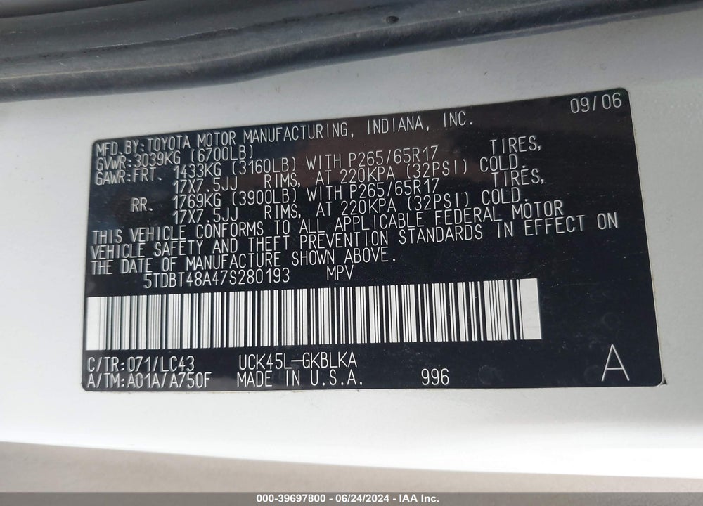 2007 TOYOTA SEQUOIA VIN: 5TDBT48A47S280193