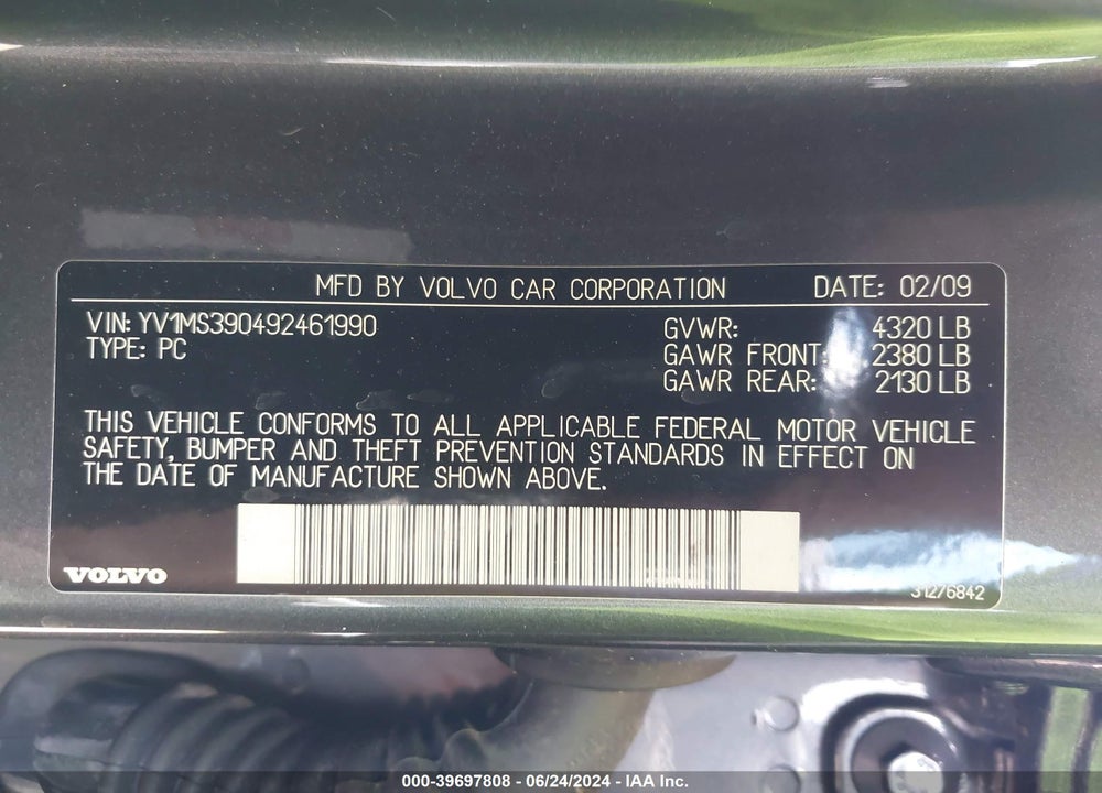 2009 VOLVO S40 2.4I VIN: YV1MS390492461990