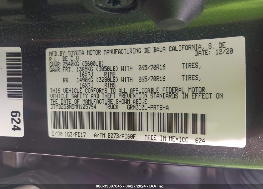 2021 TOYOTA TACOMA TRD OFF ROAD VIN: 3TMDZ5BN5MM105794