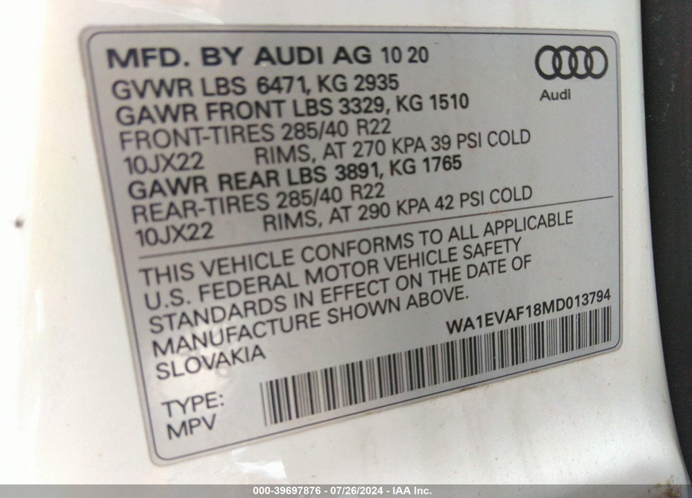 2021 AUDI Q8 PREMIUM PLUS 55 TFSI QUATTRO TIPTRONIC VIN: WA1EVAF18MD013794