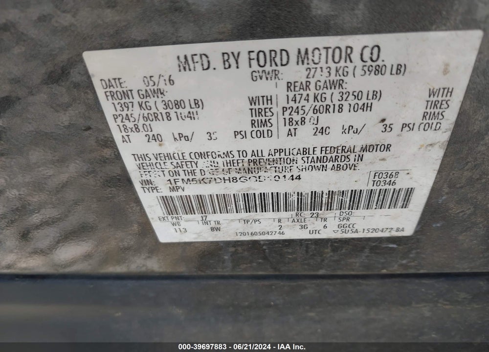 2016 FORD EXPLORER XLT VIN: 1FM5K7DH8GGD10144