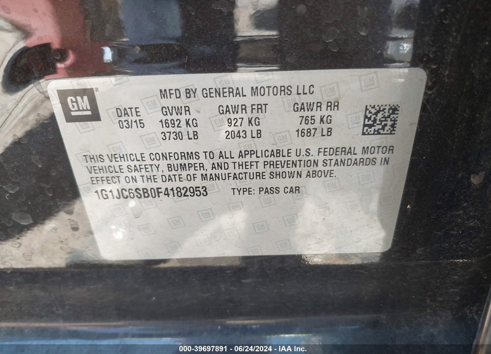 2015 CHEVROLET SONIC VIN: 1G1JC6SB0F4182953