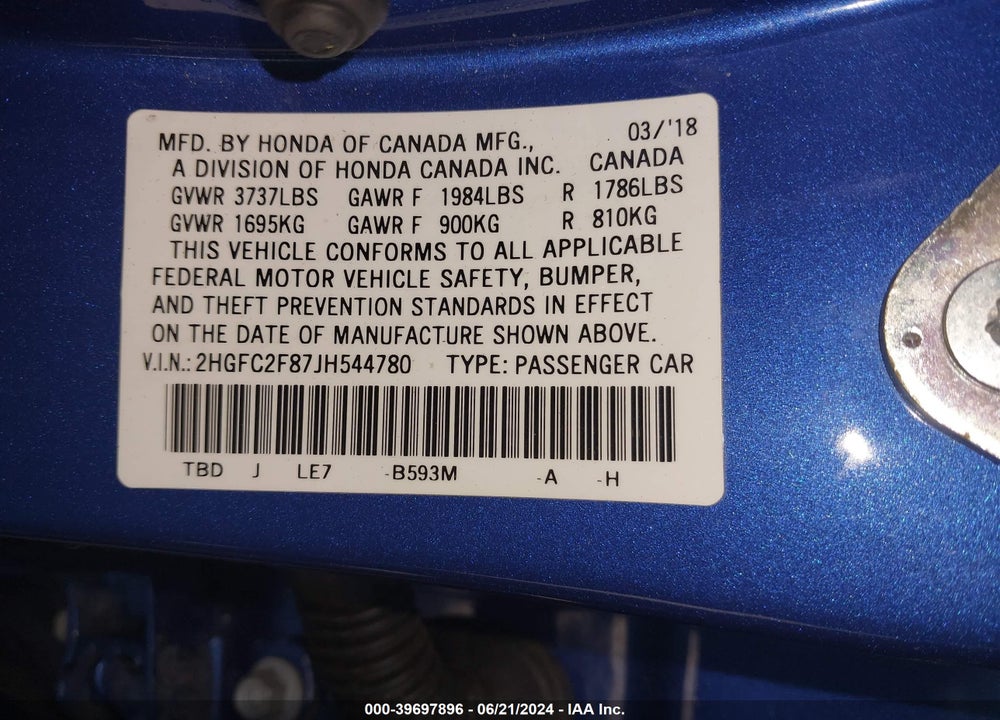 2018 HONDA CIVIC EX VIN: 2HGFC2F87JH544780
