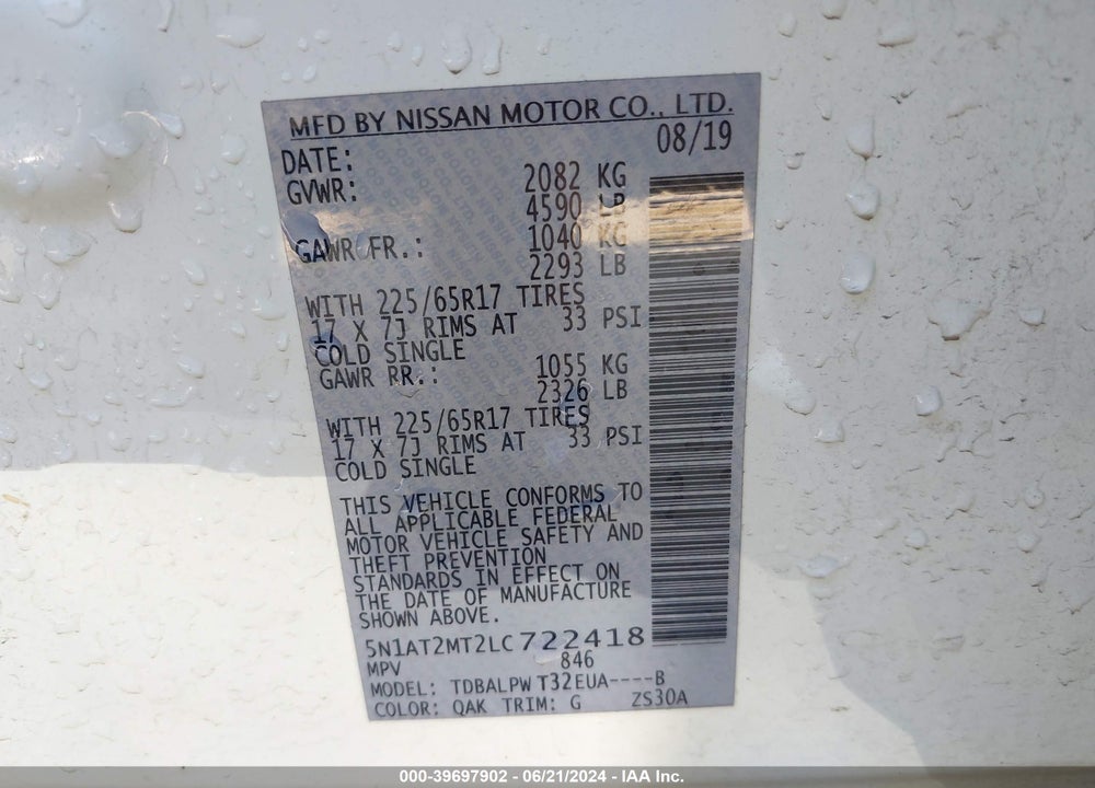2020 NISSAN ROGUE S FWD VIN: 5N1AT2MT2LC722418