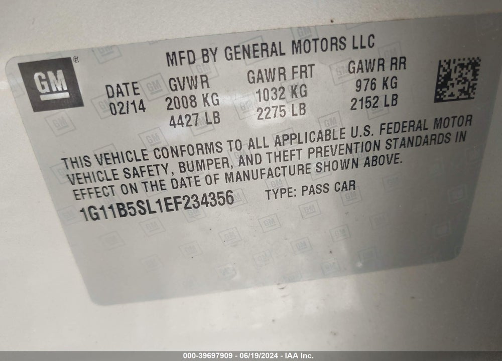 2014 CHEVROLET MALIBU 1LS VIN: 1G11B5SL1EF234356