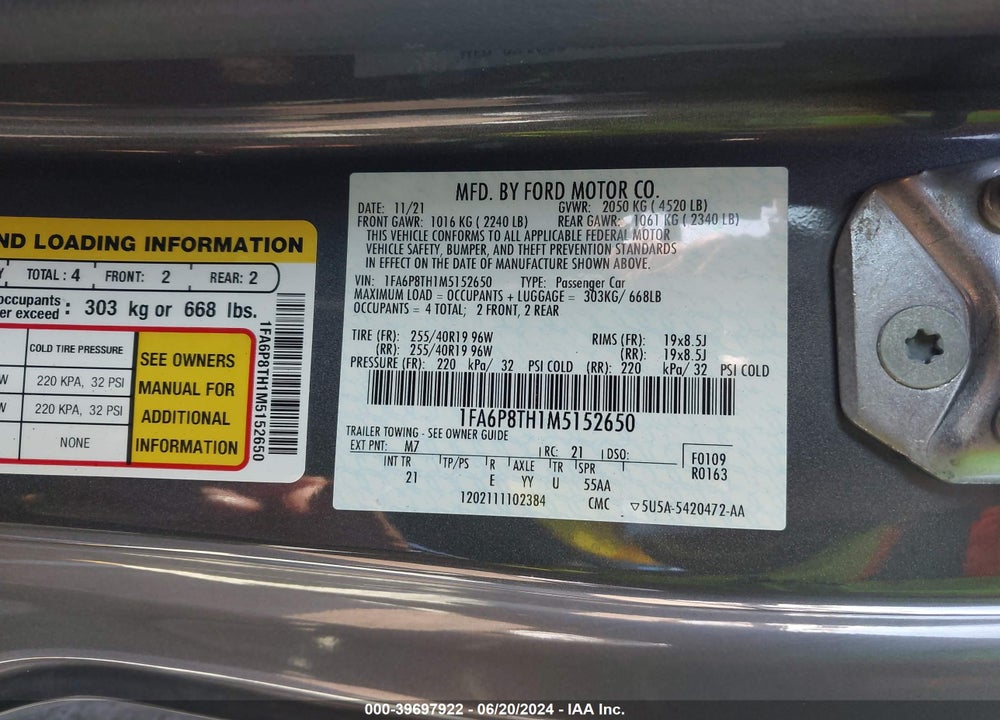 2021 FORD MUSTANG ECOBOOST FASTBACK VIN: 1FA6P8TH1M5152650