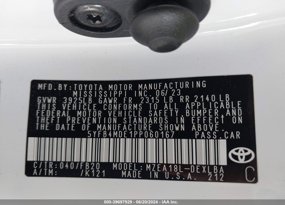 2023 TOYOTA COROLLA LE VIN: 5YFB4MDE1PP060167