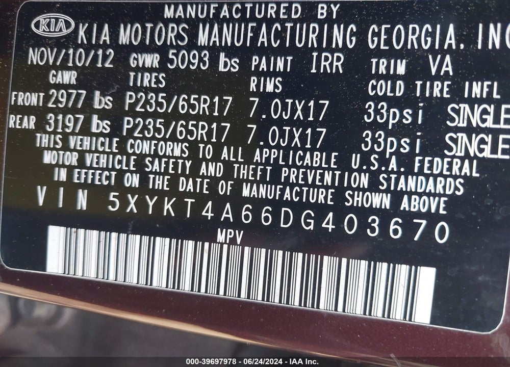 2013 KIA SORENTO LX VIN: 5XYKT4A66DG403670