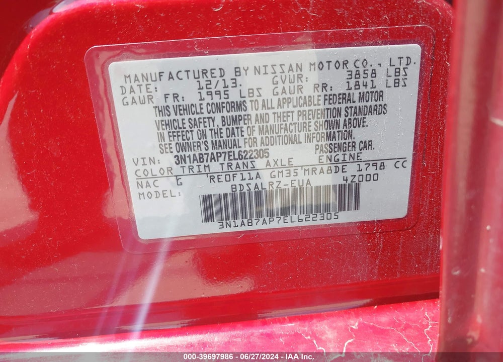 2014 NISSAN SENTRA SR VIN: 3N1AB7AP7EL622305