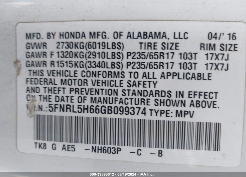 2016 HONDA ODYSSEY EX-L VIN: 5FNRL5H66GB099374