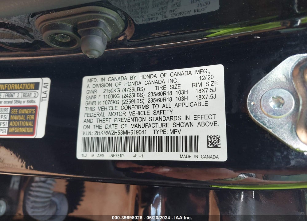 2021 HONDA CR-V AWD EX VIN: 2HKRW2H53MH619041