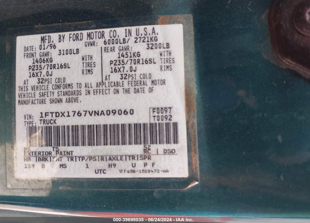 1997 FORD F-150 LARIAT/STANDARD/XL/XLT VIN: 1FTDX1767VNA09060