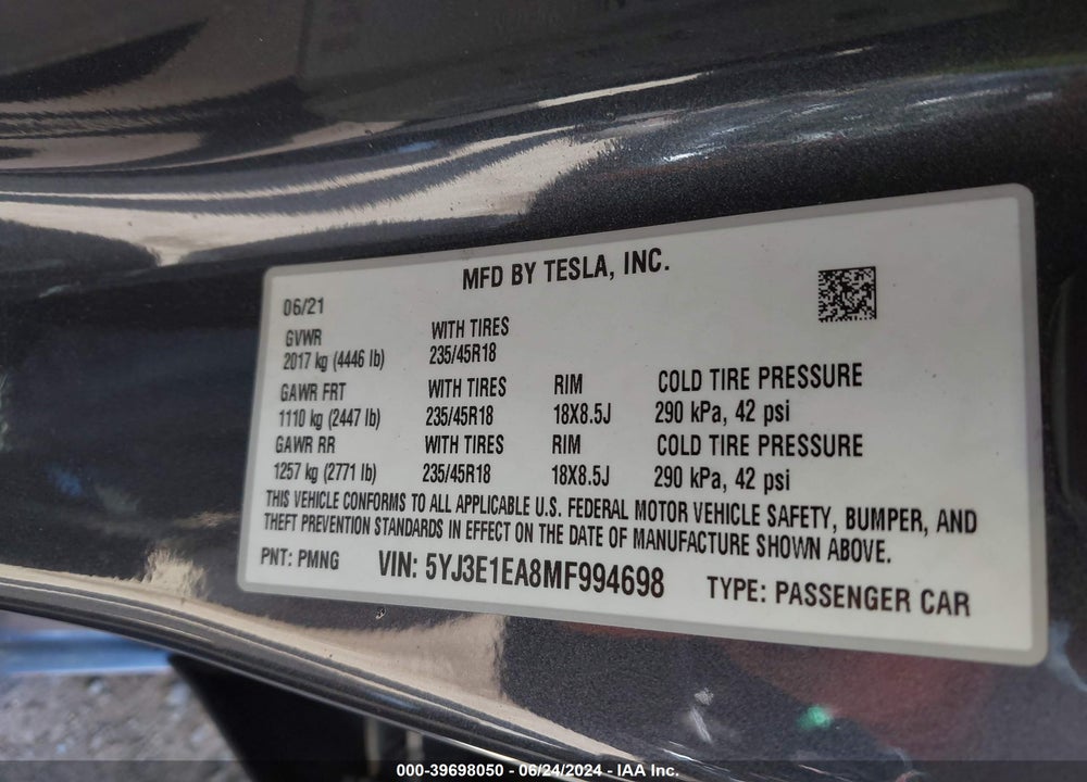 2021 TESLA MODEL 3 STANDARD RANGE PLUS REAR-WHEEL DRIVE VIN: 5YJ3E1EA8MF994698