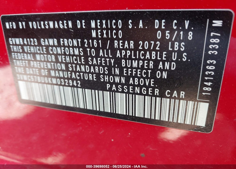 2019 VOLKSWAGEN JETTA VIN: 3VWC57BU6KM032942