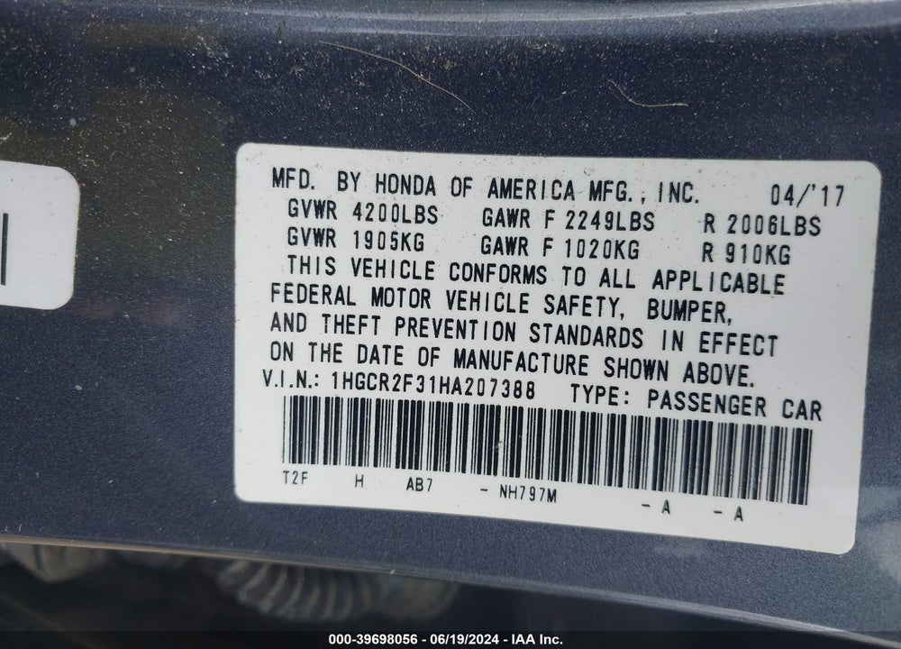 2017 HONDA ACCORD LX VIN: 1HGCR2F31HA207388