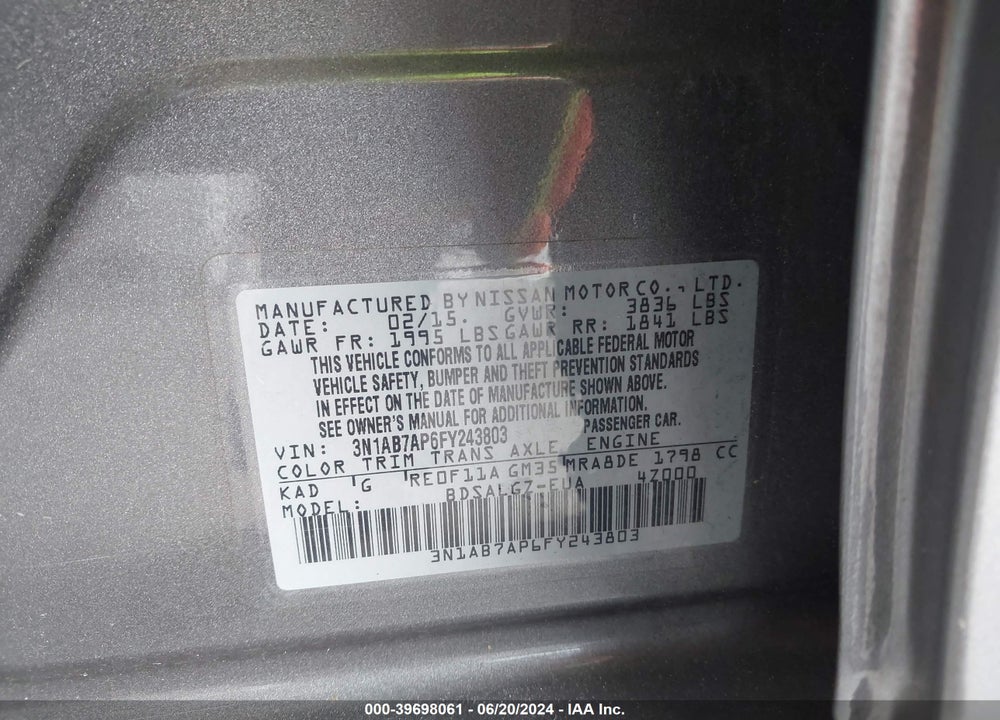 2015 NISSAN SENTRA SL VIN: 3N1AB7AP6FY243803