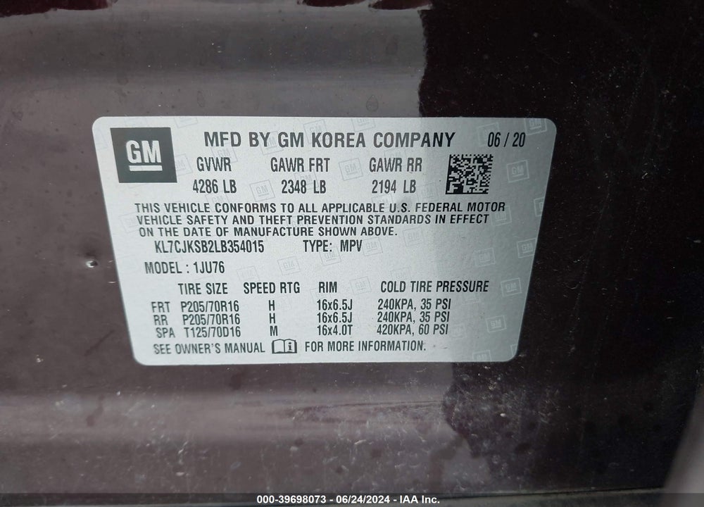 2020 CHEVROLET TRAX FWD LS VIN: KL7CJKSB2LB354015