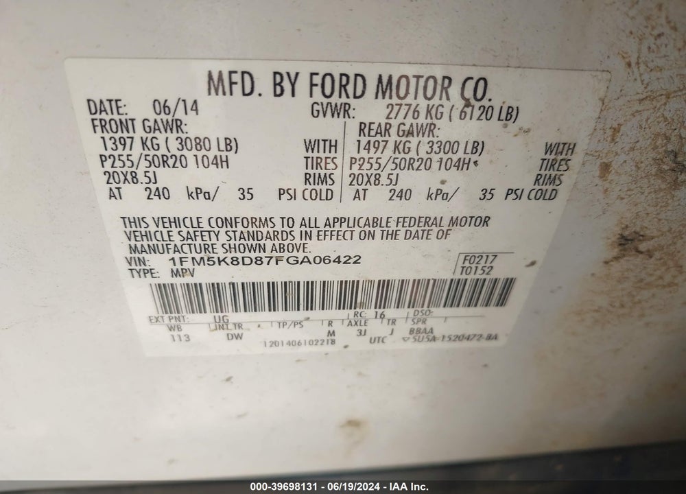 2015 FORD EXPLORER XLT VIN: 1FM5K8D87FGA06422