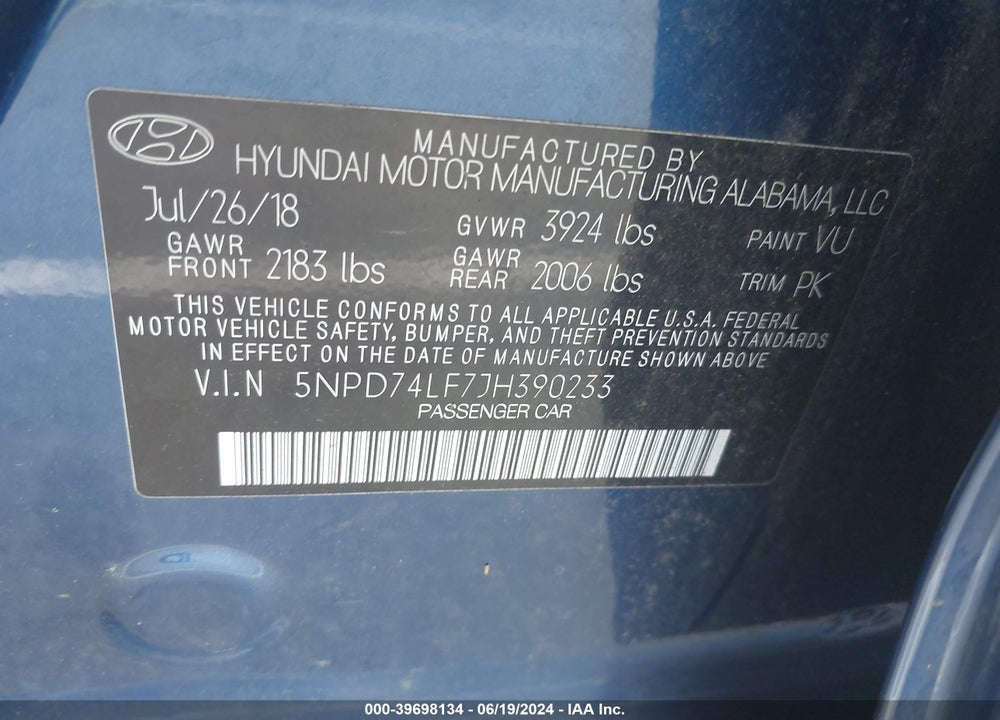 2018 HYUNDAI ELANTRA SE VIN: 5NPD74LF7JH390233