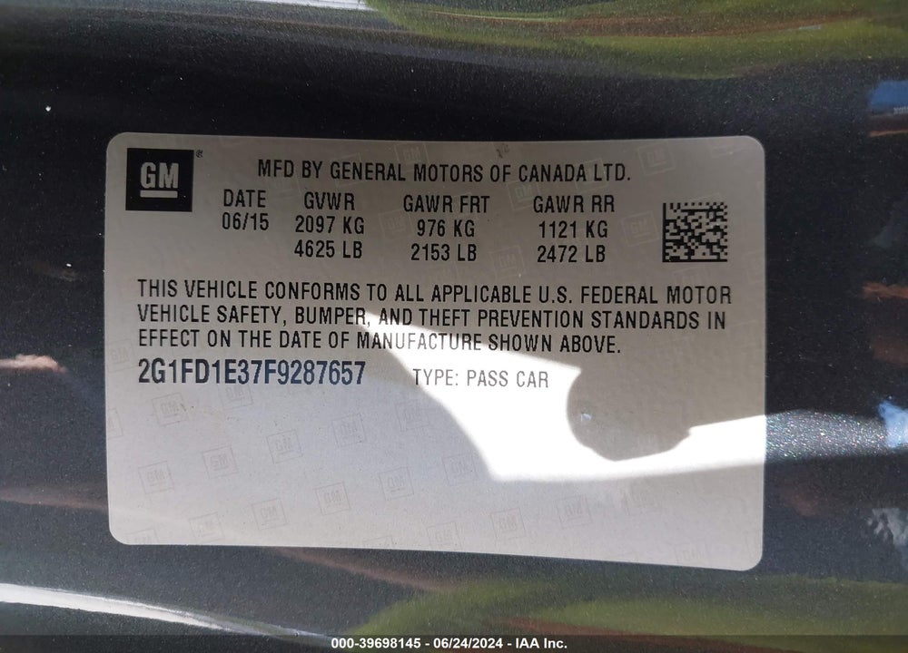 2015 CHEVROLET CAMARO 1LT VIN: 2G1FD1E37F9287657