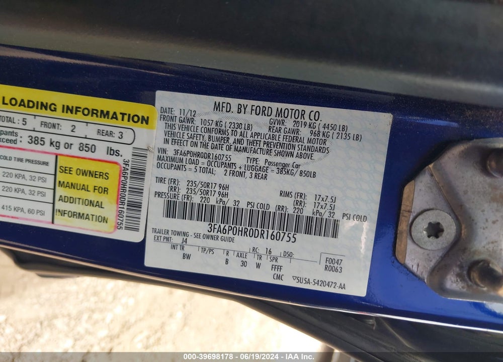 2013 FORD FUSION SE VIN: 3FA6P0HR0DR160755