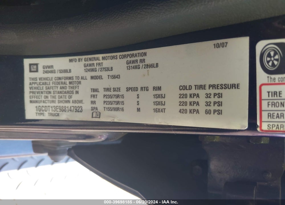2008 CHEVROLET COLORADO VIN: 1GCDT13E988147923