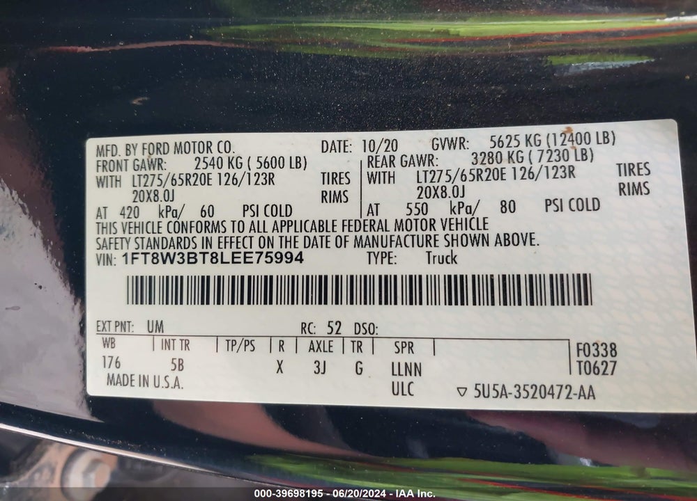2020 FORD F-350 LARIAT VIN: 1FT8W3BT8LEE75994