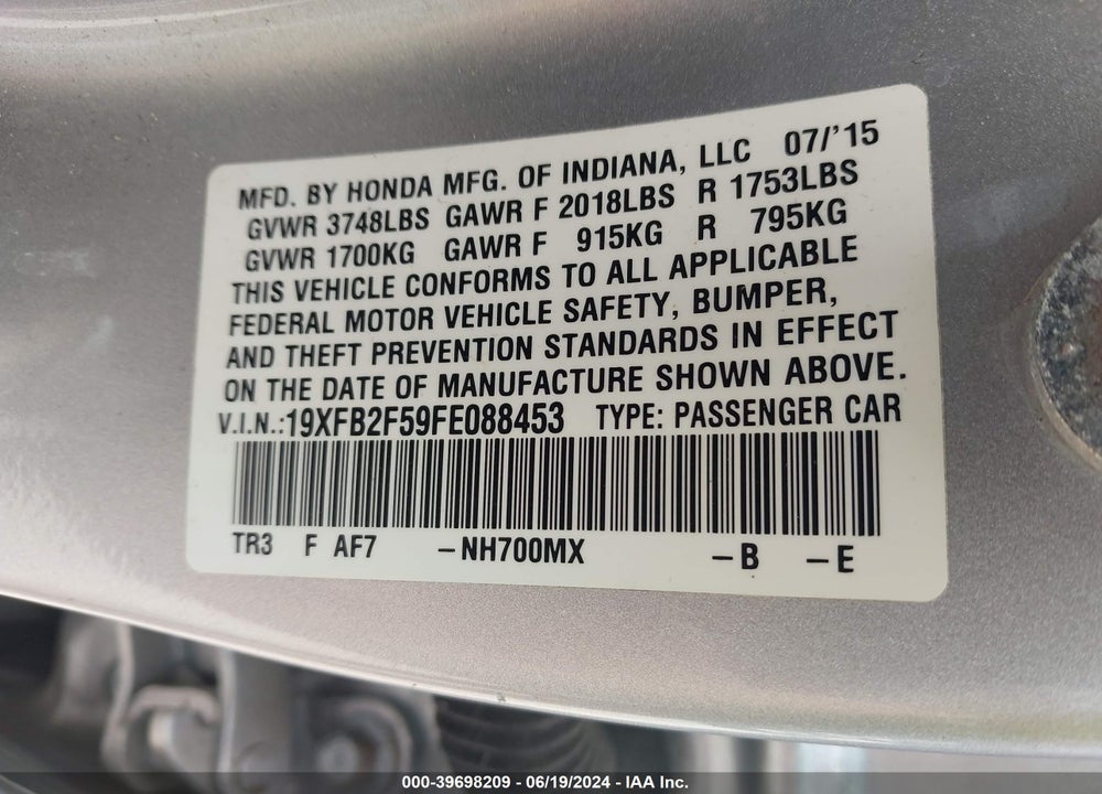 2015 HONDA CIVIC LX VIN: 19XFB2F59FE088453