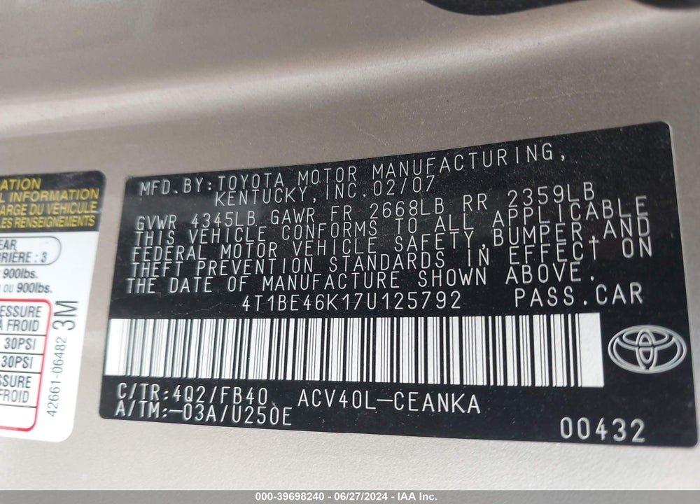 2007 TOYOTA CAMRY LE VIN: 4T1BE46K17U125792